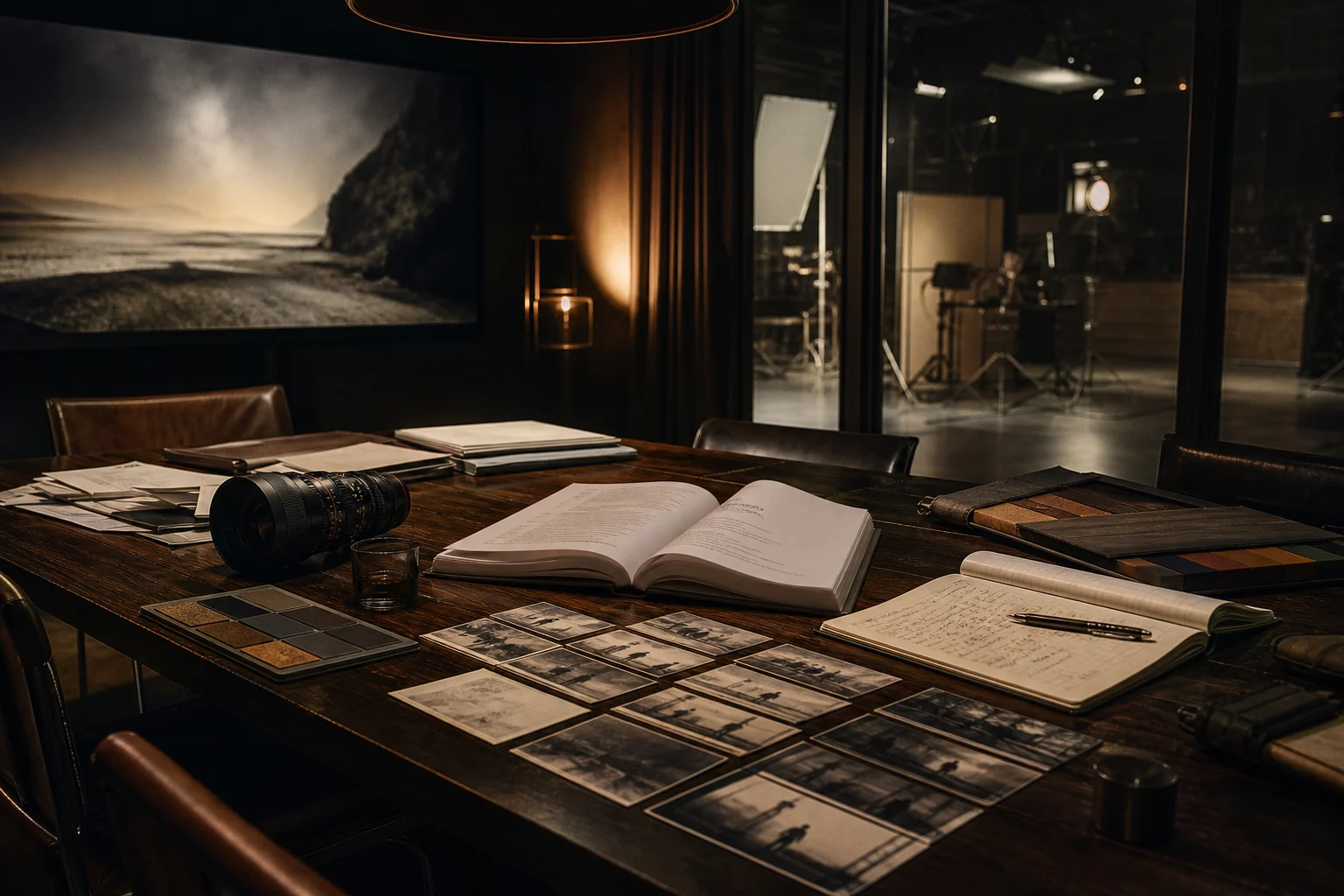 Screenplay, storyboard ও cinema lens-সহ studio consultation table
